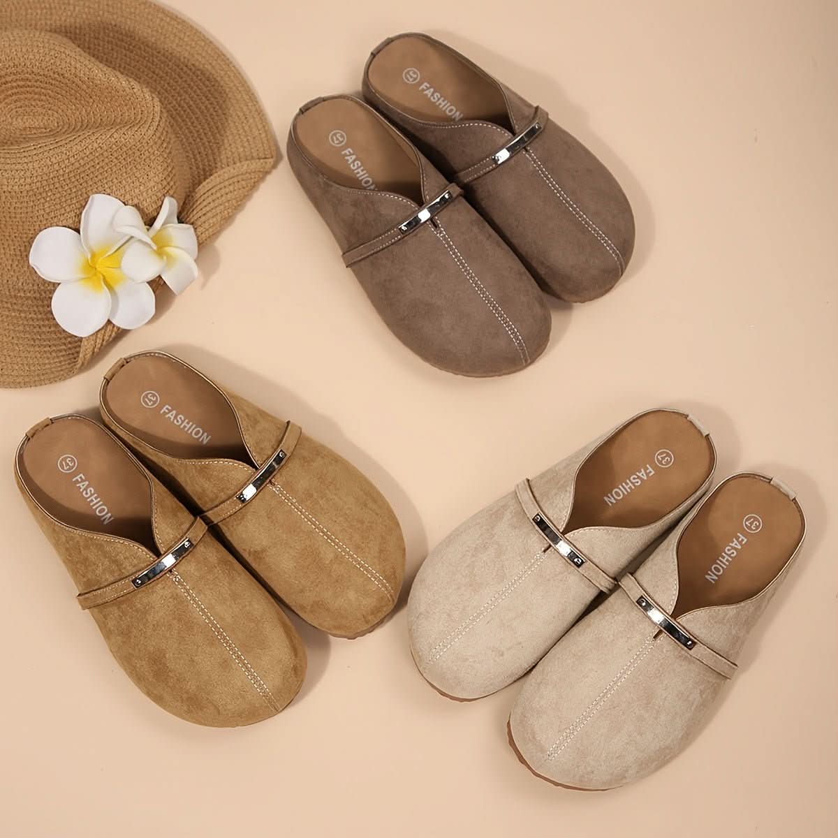 Metallic Buckle Slip On Mule Flats