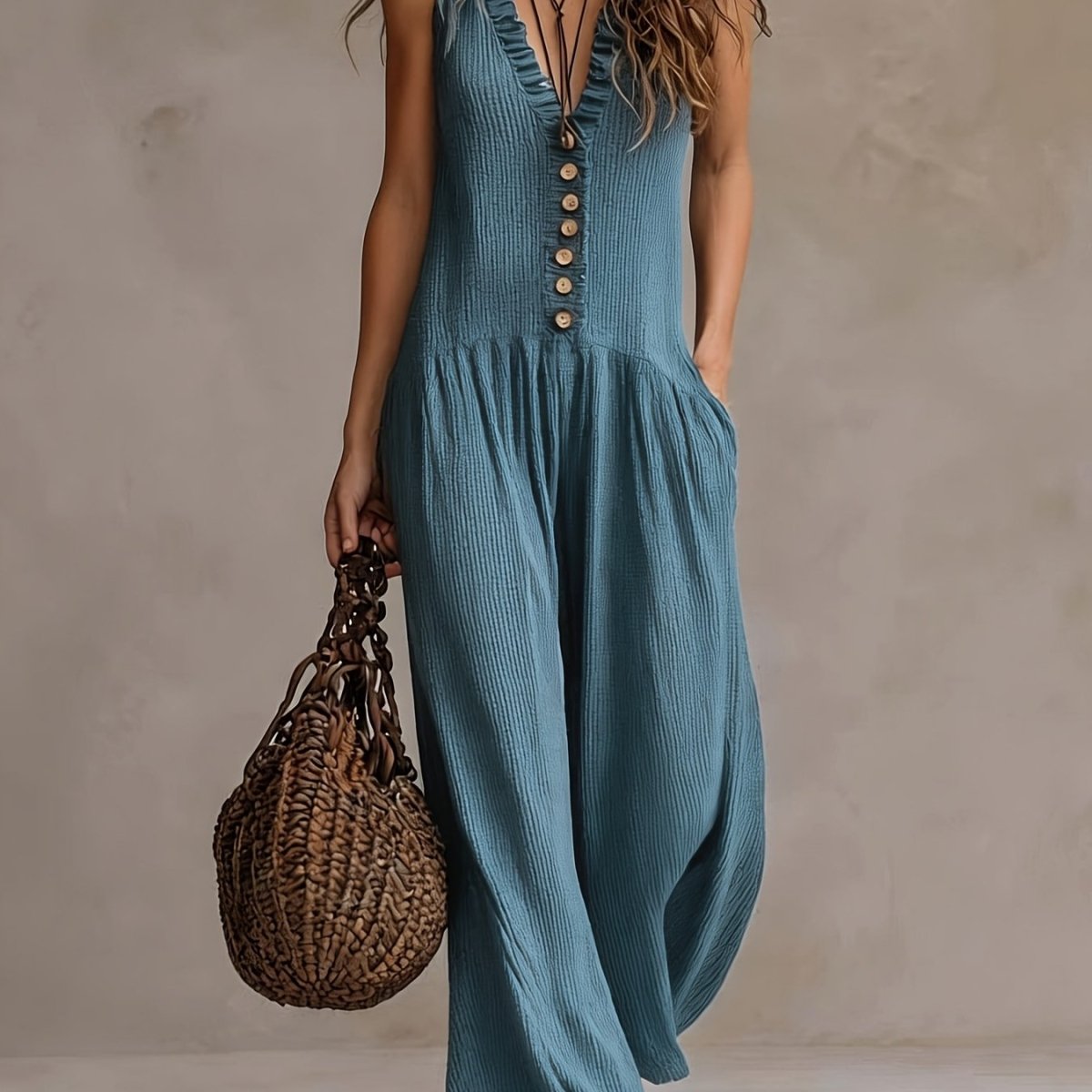 Ruched V Neck Wide Leg Jumpsuit