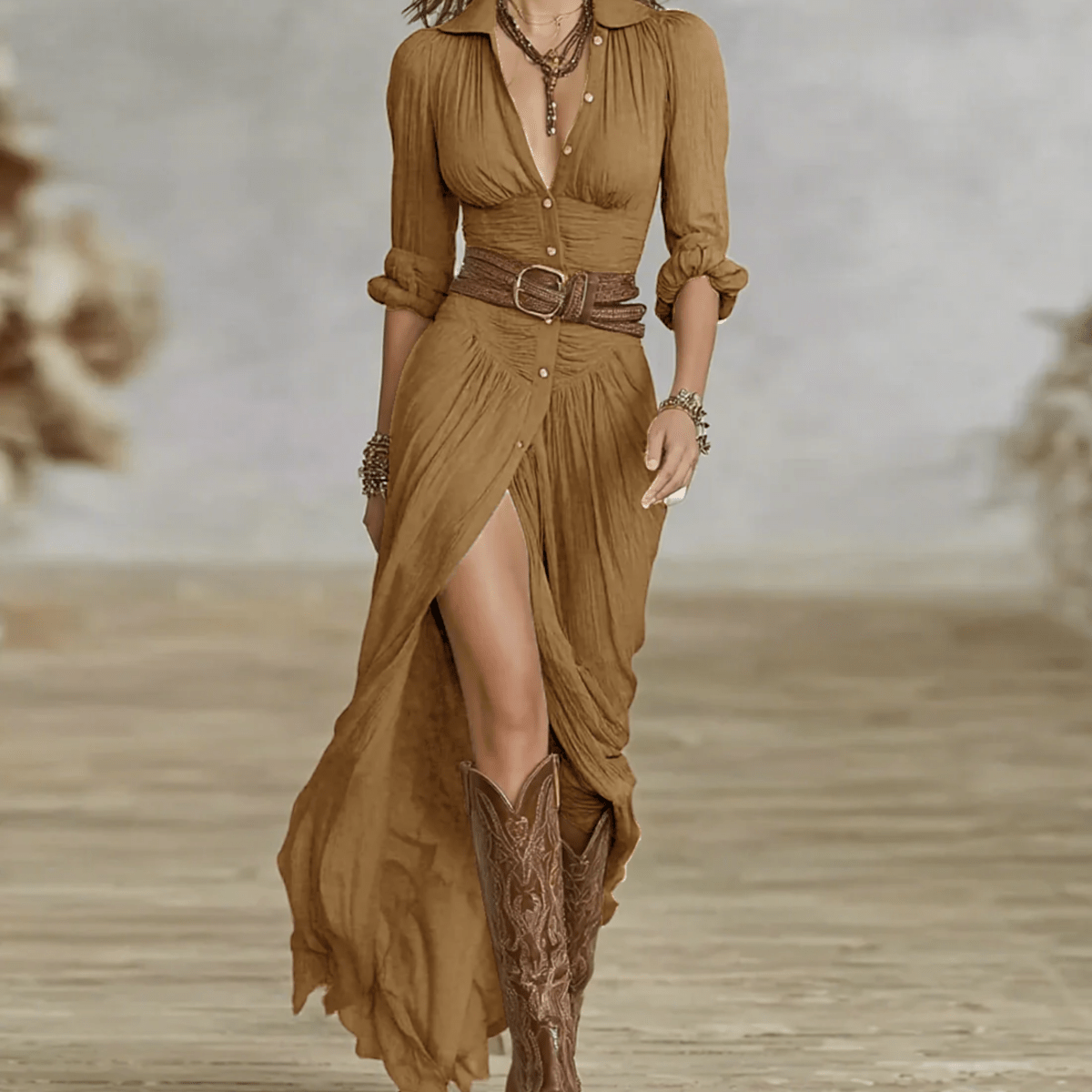 Button Front Pleated Maxi Dress