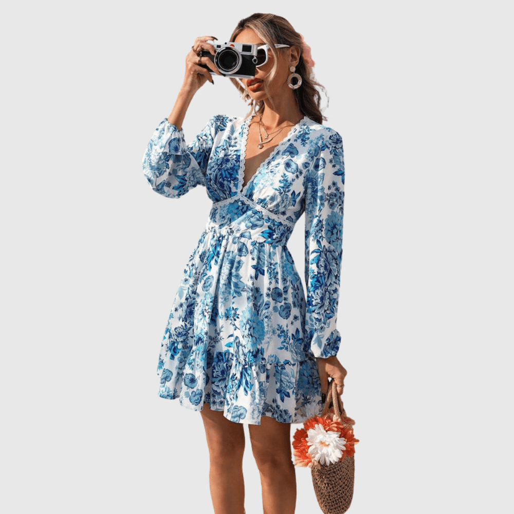 Florales V-Ausschnitt Kleid mit Volant-Saum