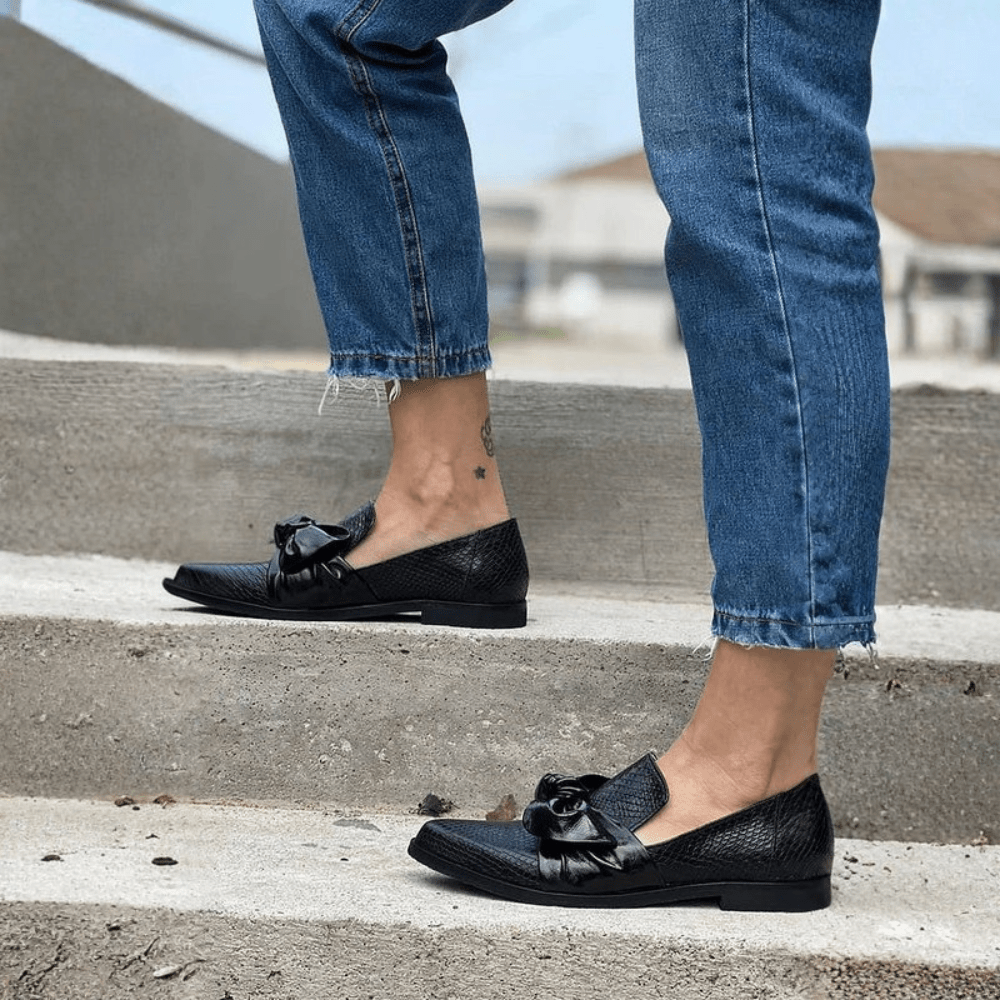 Polished Leather Bow Loafers
