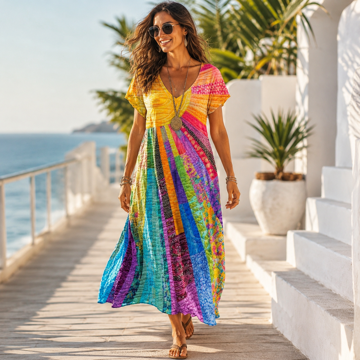 Sunburst Boho V-Neck Maxi Dress