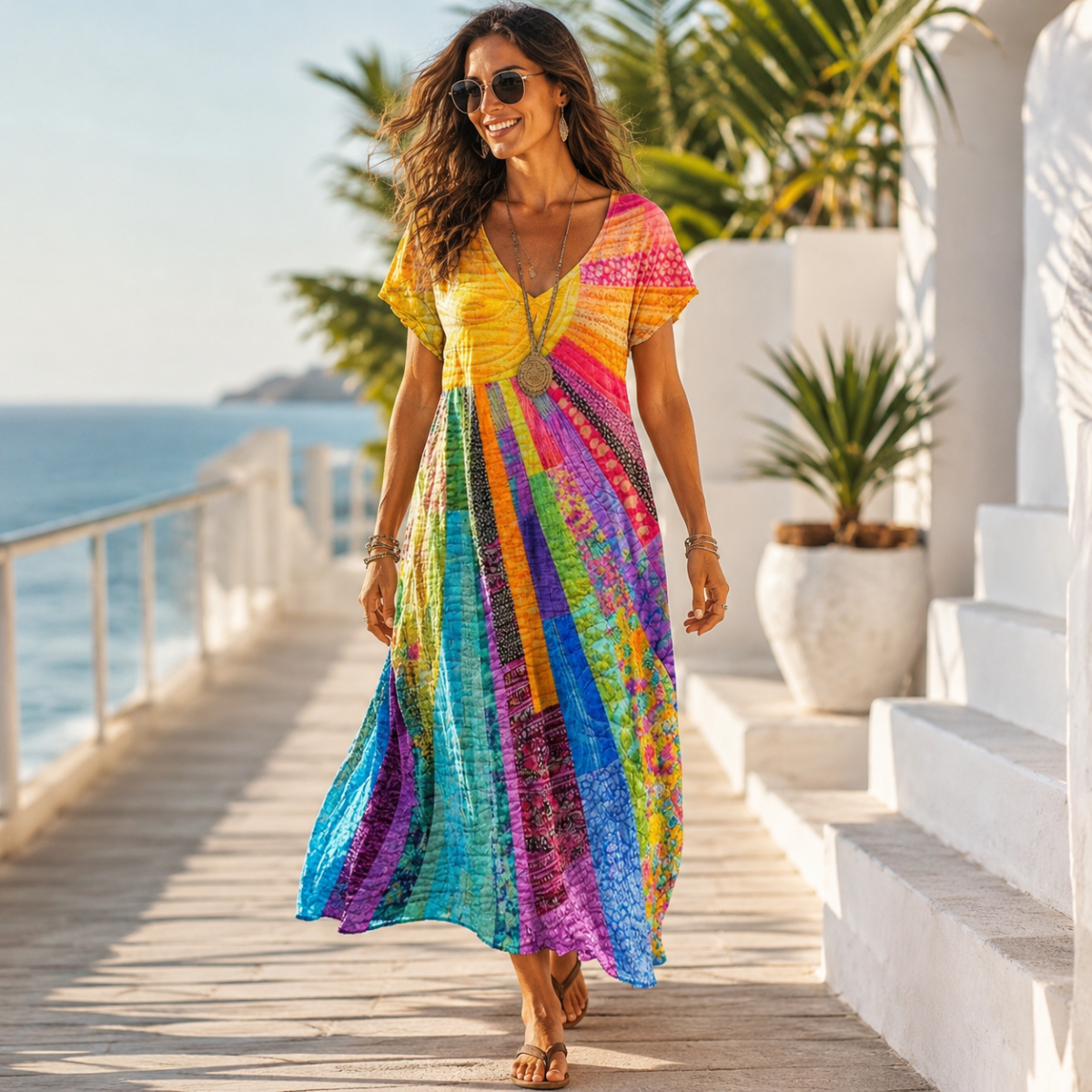 Sunburst Boho V-Neck Maxi Dress