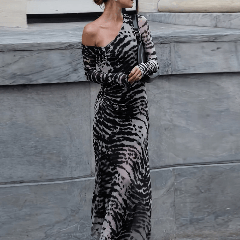 Zebra Print Off Shoulder Bodycon Maxi Dress