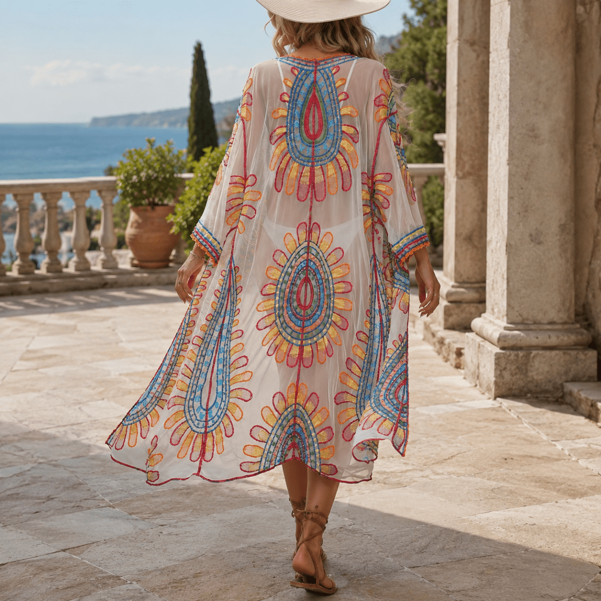Bohemian Embroidered Sunflower Kimono Beach Cover-Up