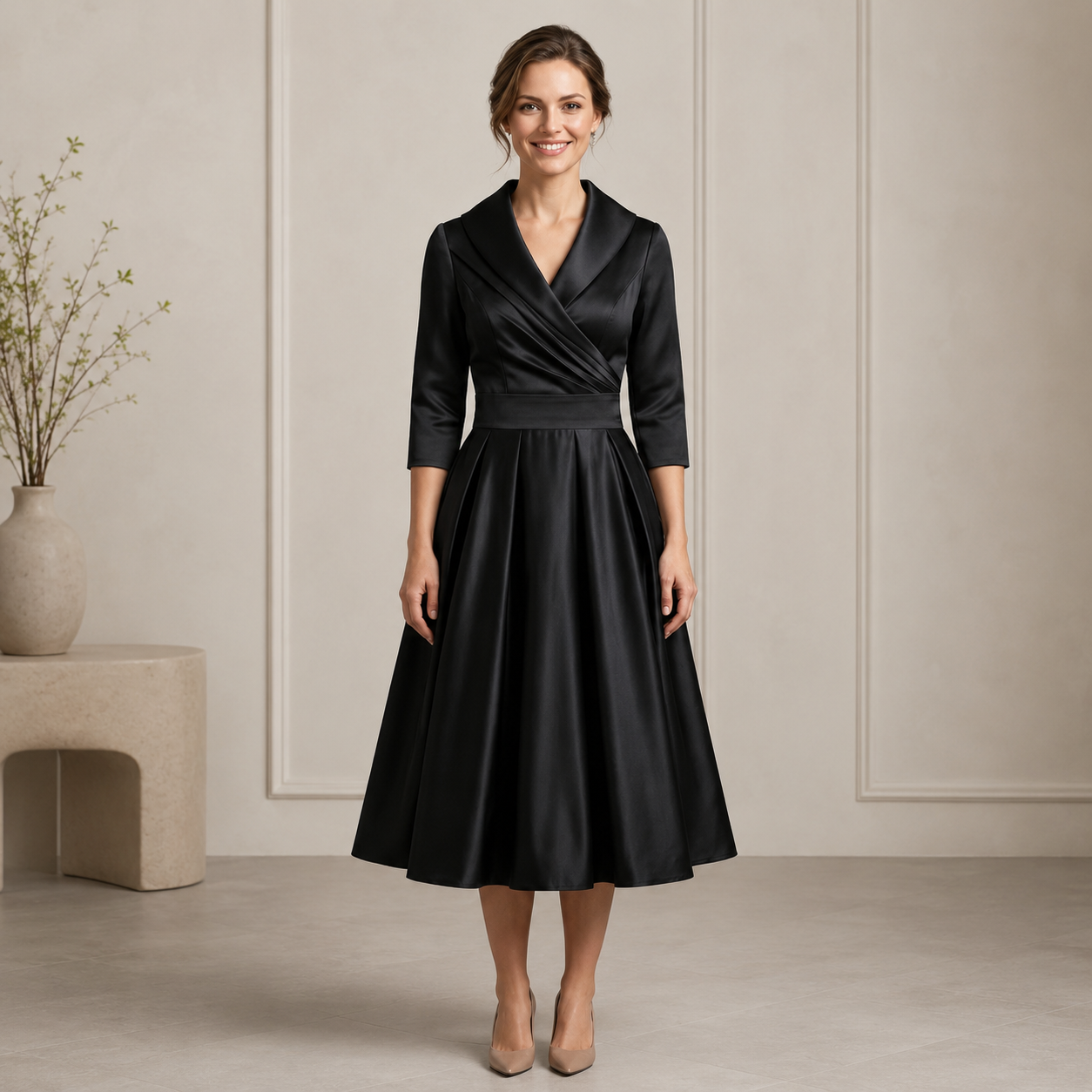 Wrap Neck Pleated Midi Dress