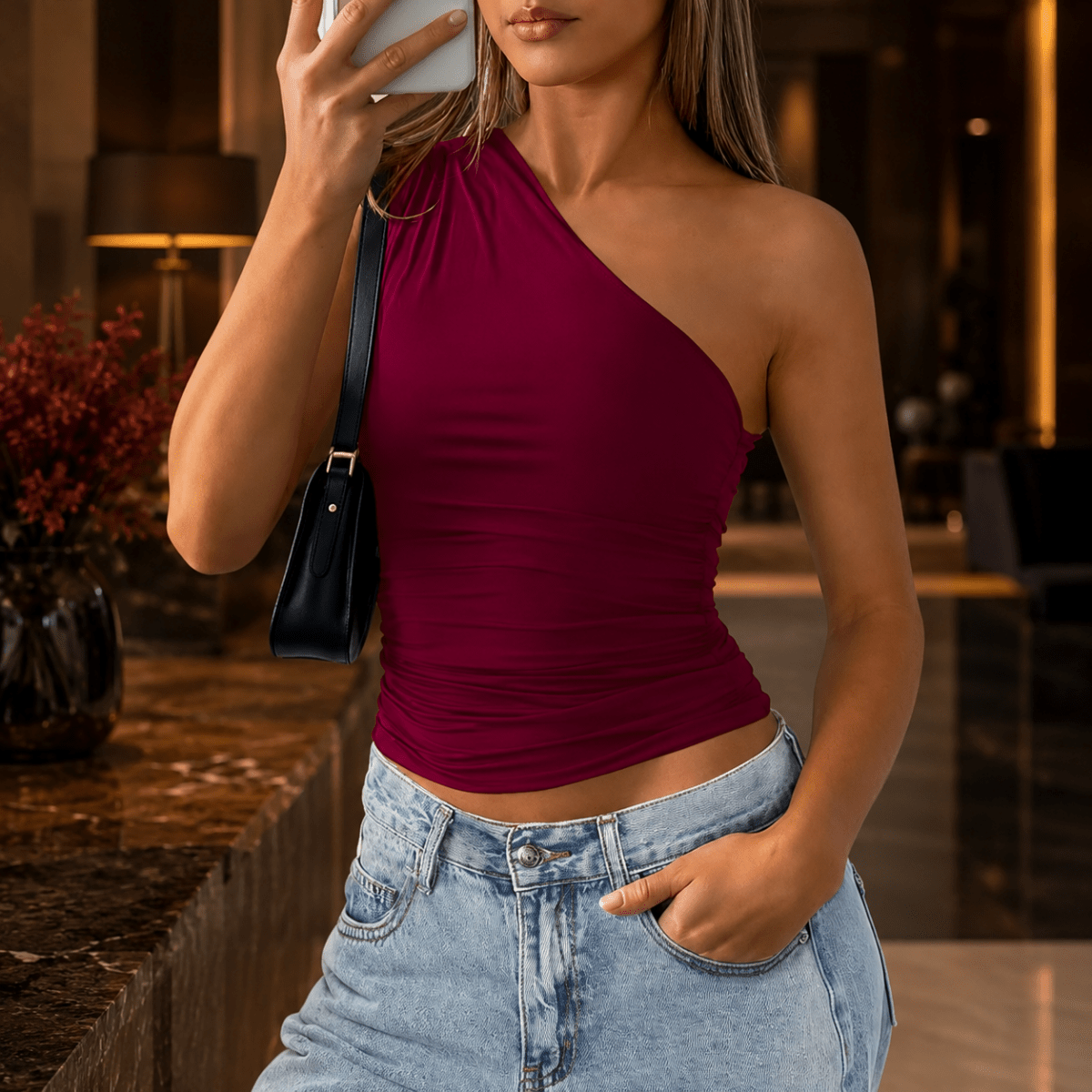 One Shoulder Ruched Crop Top