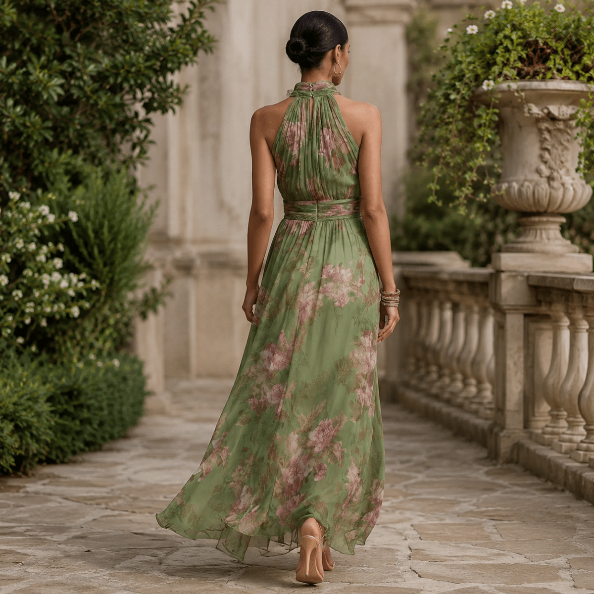 Vestido maxi halter con estampado floral