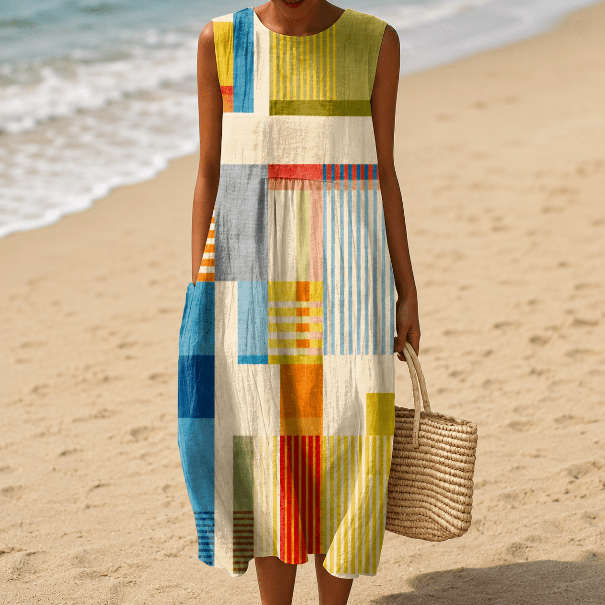 Geometric Patchwork Sleeveless Midi Dress