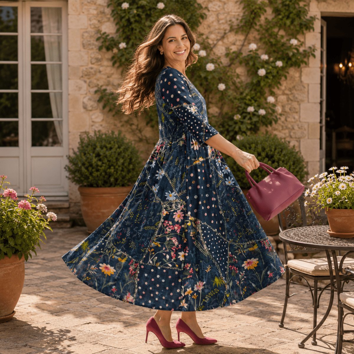 Blue Floral Gathered Midi Dress With Long Sleeves