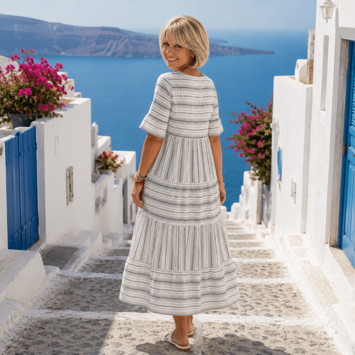Tiered Stripe Midi Dress With Short Sleeves