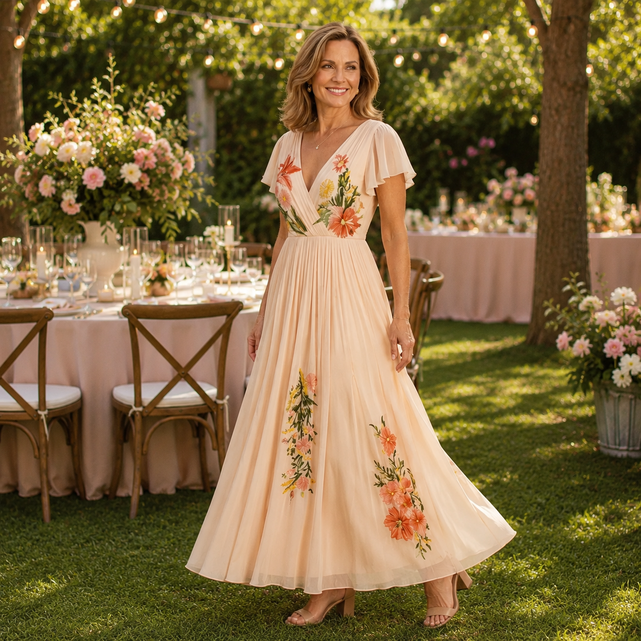 Floral Pleated Maxi Dress with V-Neck