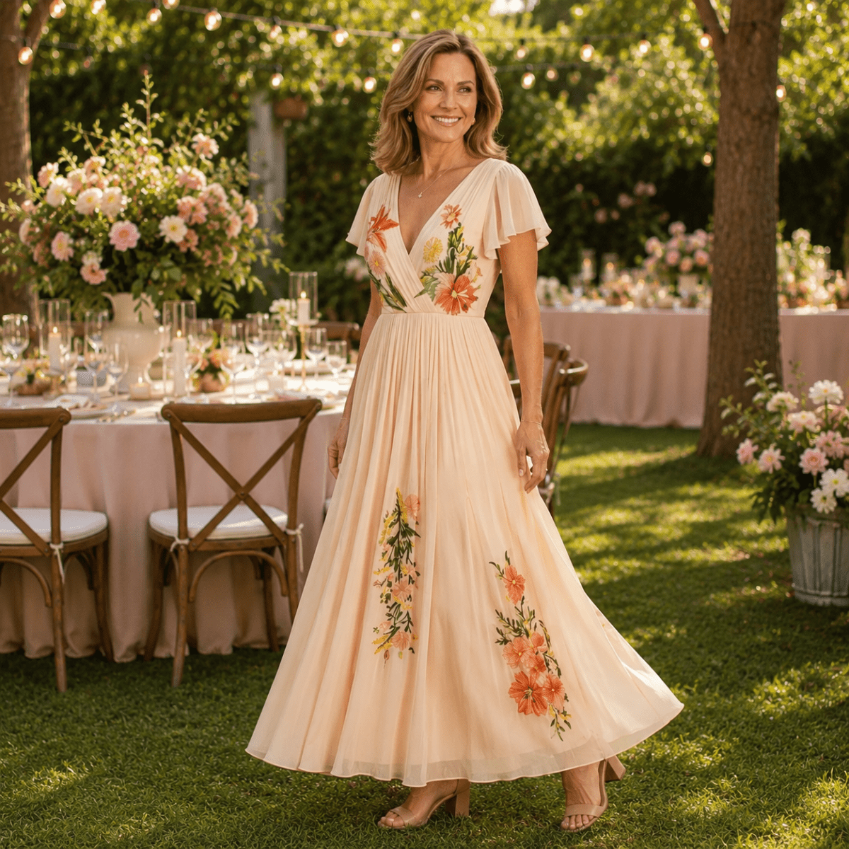 Vestido largo plisado floral con escote en V