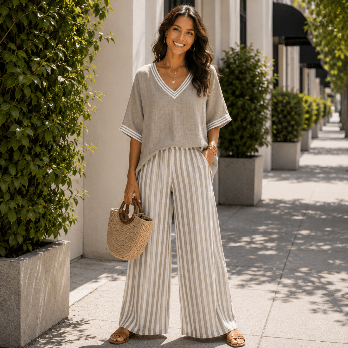 Gestreifte Hose mit weitem Bein und V-Ausschnitt Top im Set
