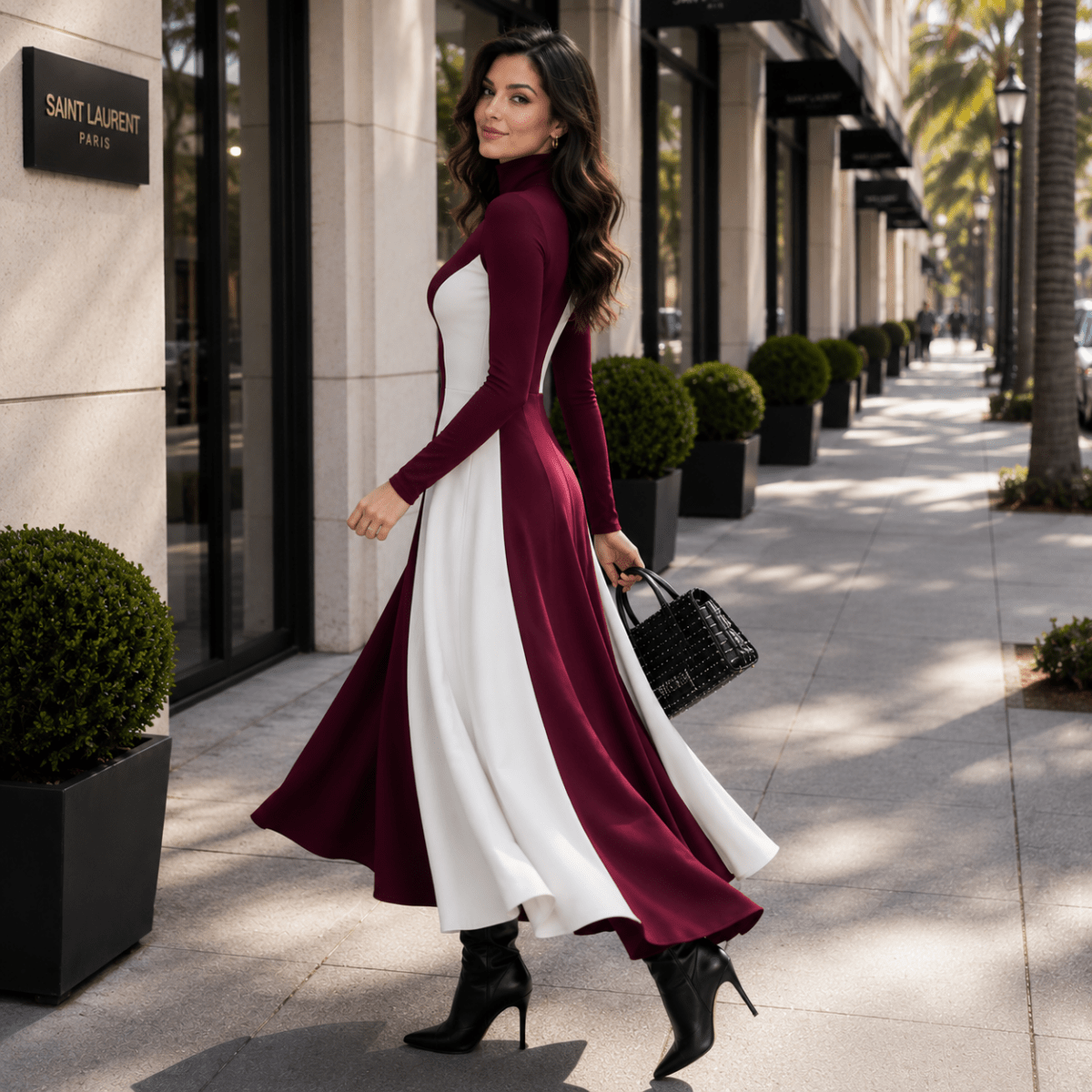 Turtleneck Maxi Dress with Contrast Panels