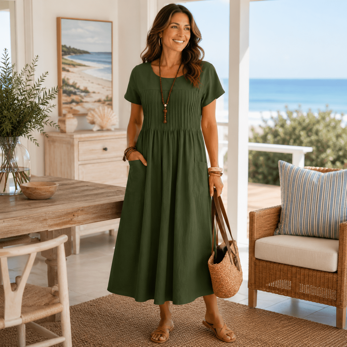 Gathered Midi Dress with Pleated Bodice