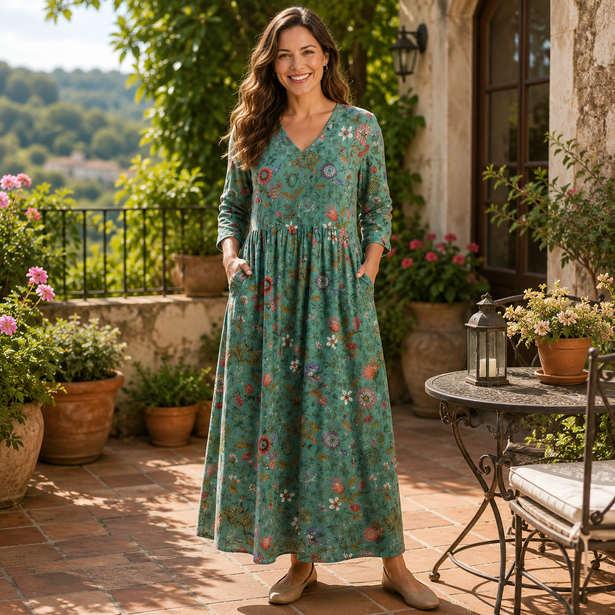 Floral Gathered Maxi Dress with Three Quarter Sleeves
