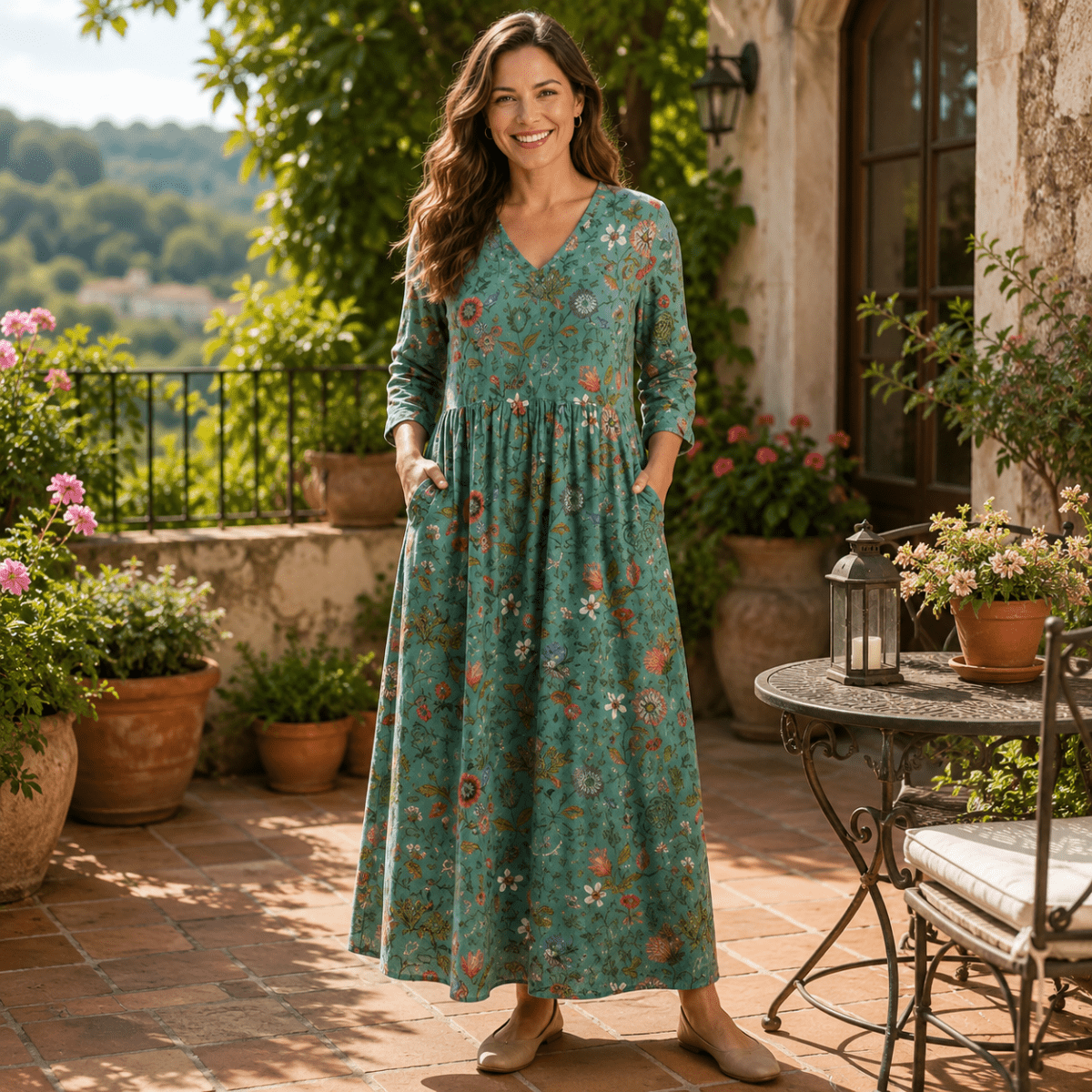 Maxikleid mit Blumenmuster und gerafften Details, Dreiviertelärmeln