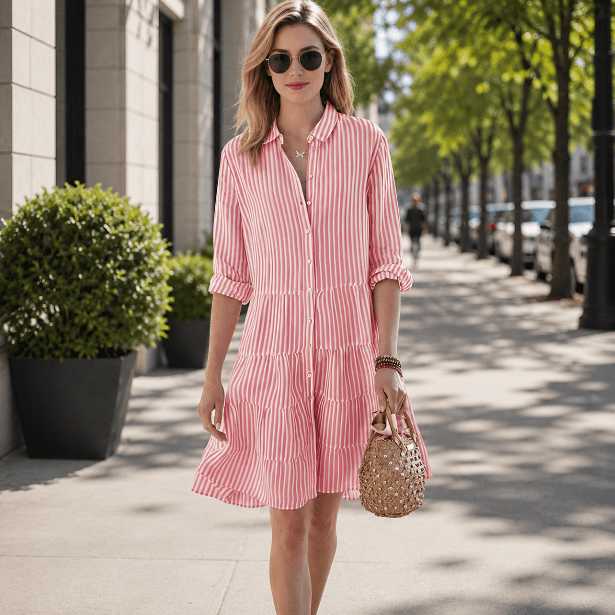 Gestuftes Midi-Kleid mit Hemdkragen für Sommertage