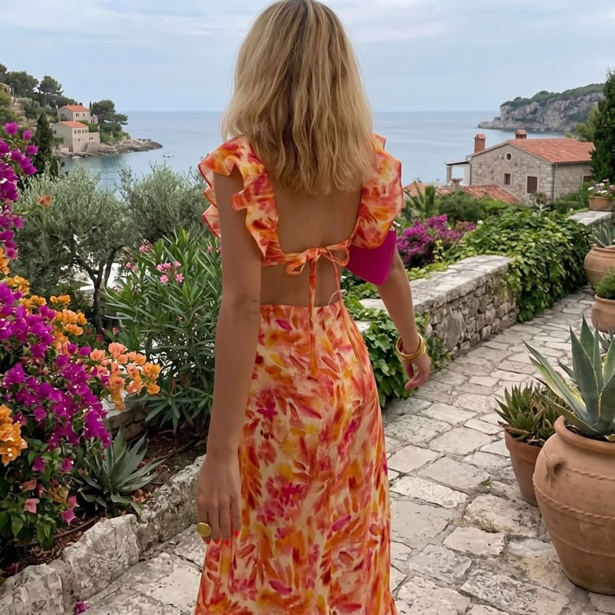 Elegantes Maxikleid mit Blumenmuster und Rüschen