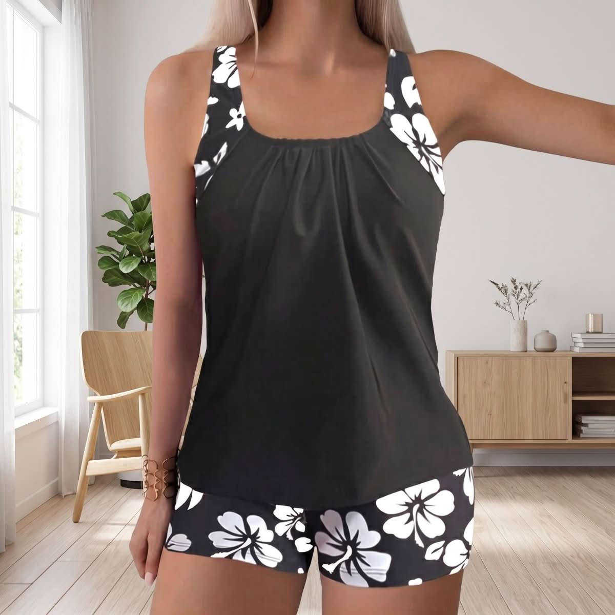 Tropical Blossom Backless Tankini Set