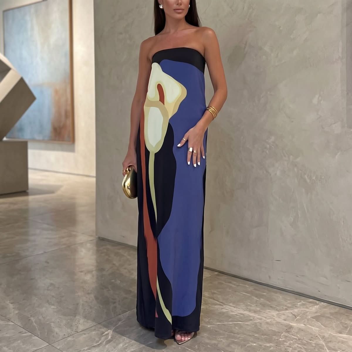 Elegant Printed Strapless Maxi Dress