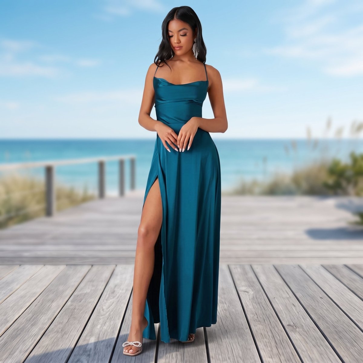 Maxikleid mit hohem Schlitz und quadratischem Ausschnitt