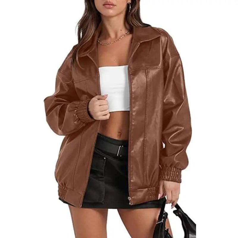 Faux Leather Oversized Zip Up Casual Jacket