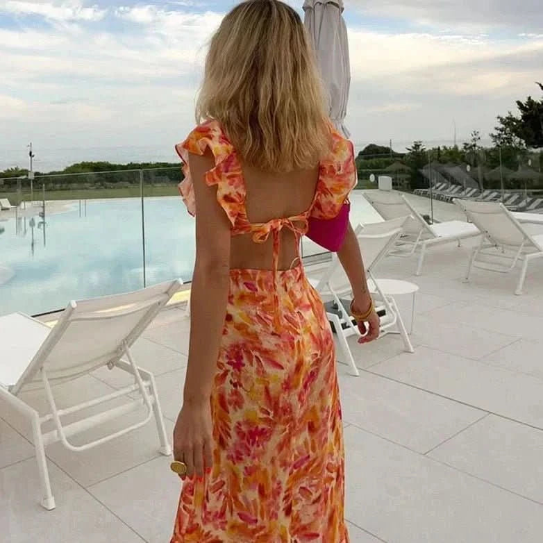Floral Ruffle V-Neck Maxi Dress
