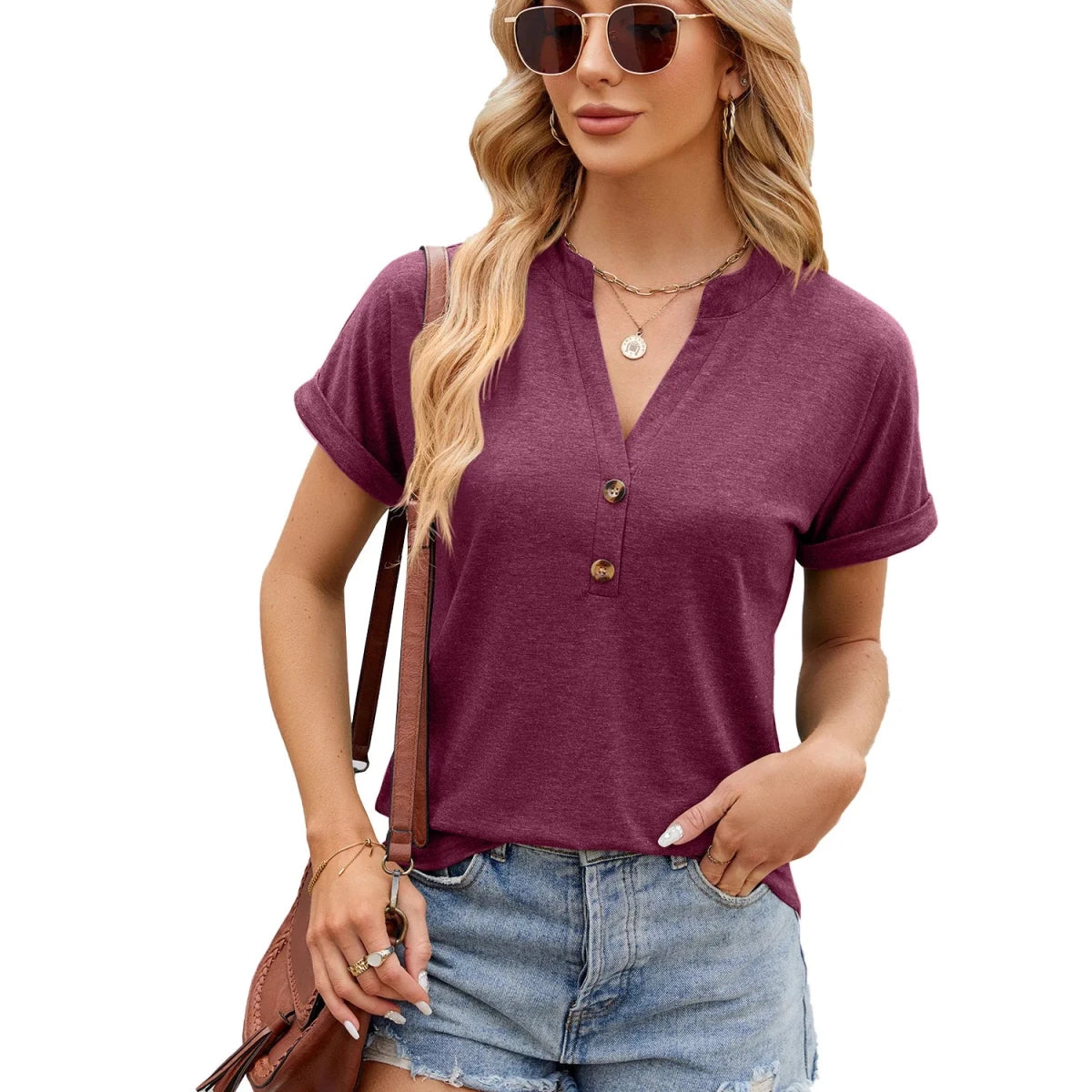 Relaxed Button Top V Neck