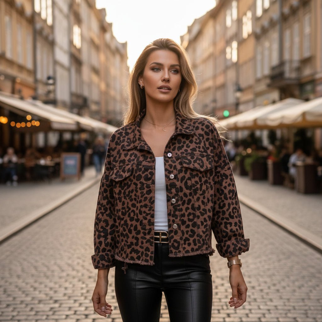 Edgy Leopard Frayed Denim Jacket