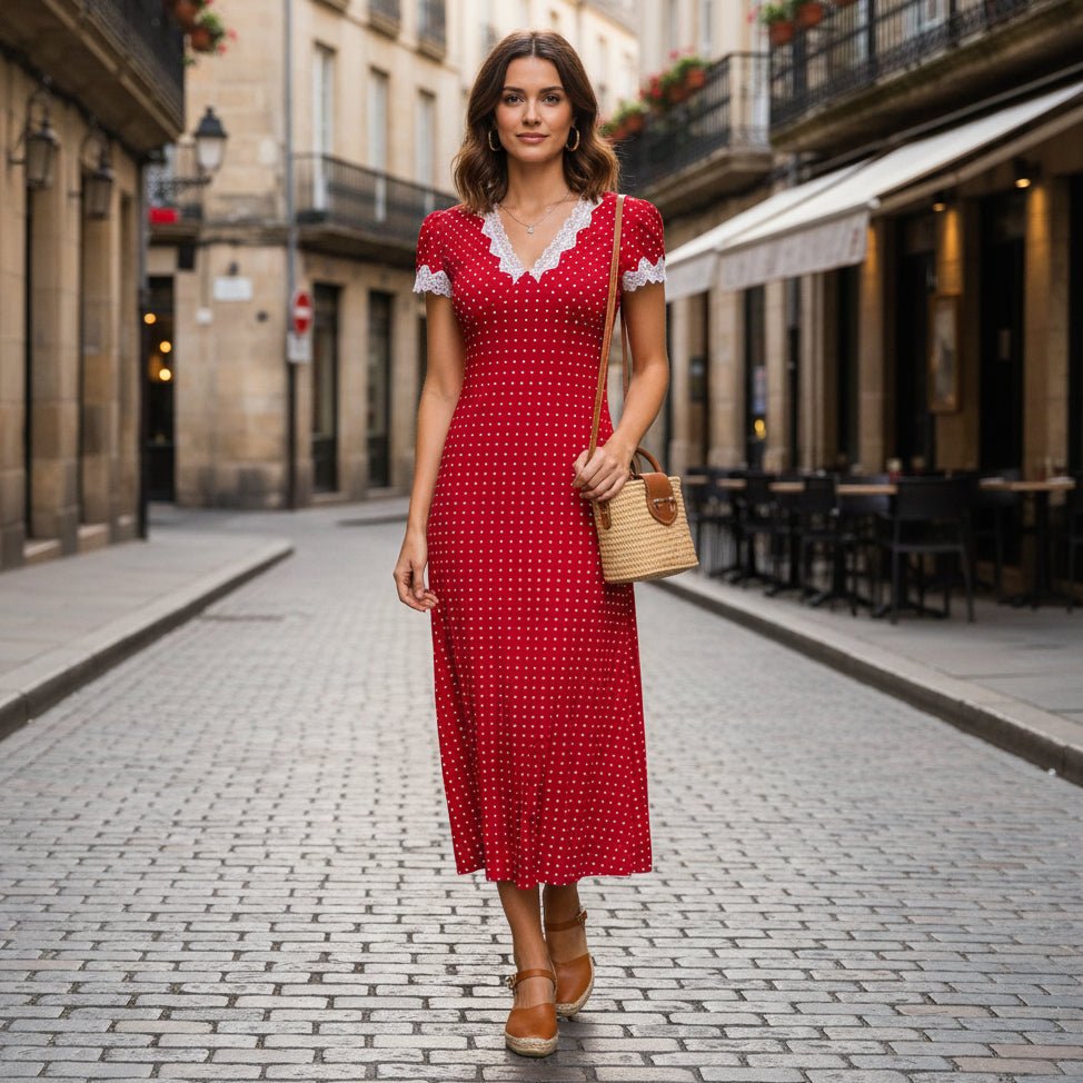 Maxikleid mit V-Ausschnitt und Polka-Dots