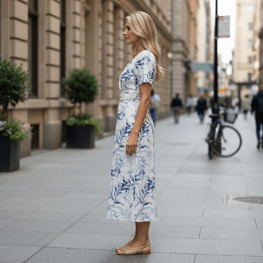 Schmeichelndes Midikleid mit V-Ausschnitt und Blumenmuster
