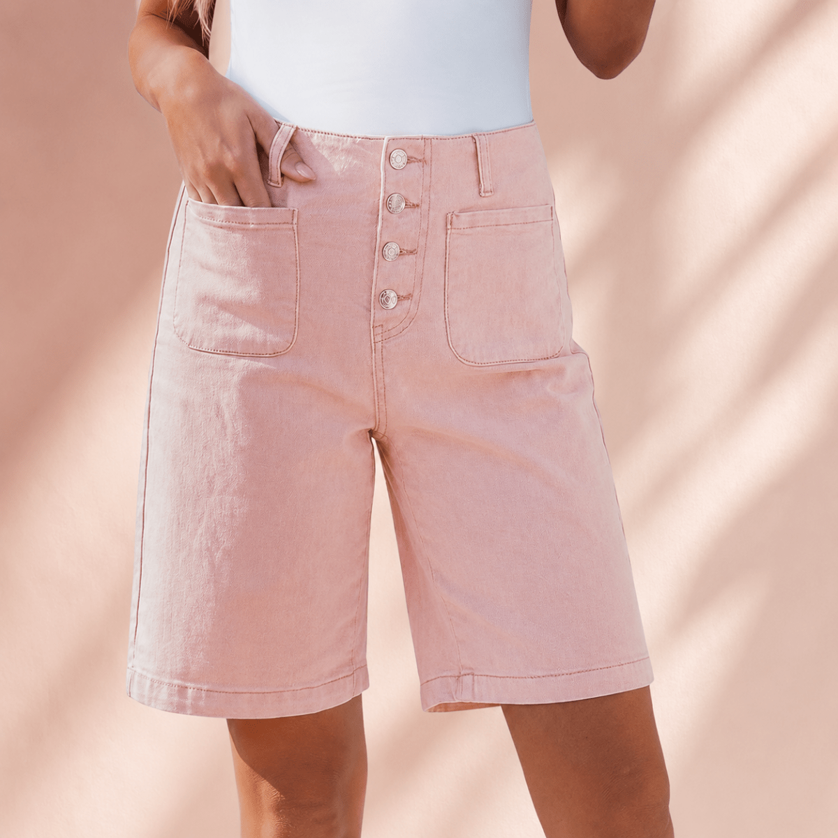 High Waisted Button Fly Bermuda Shorts