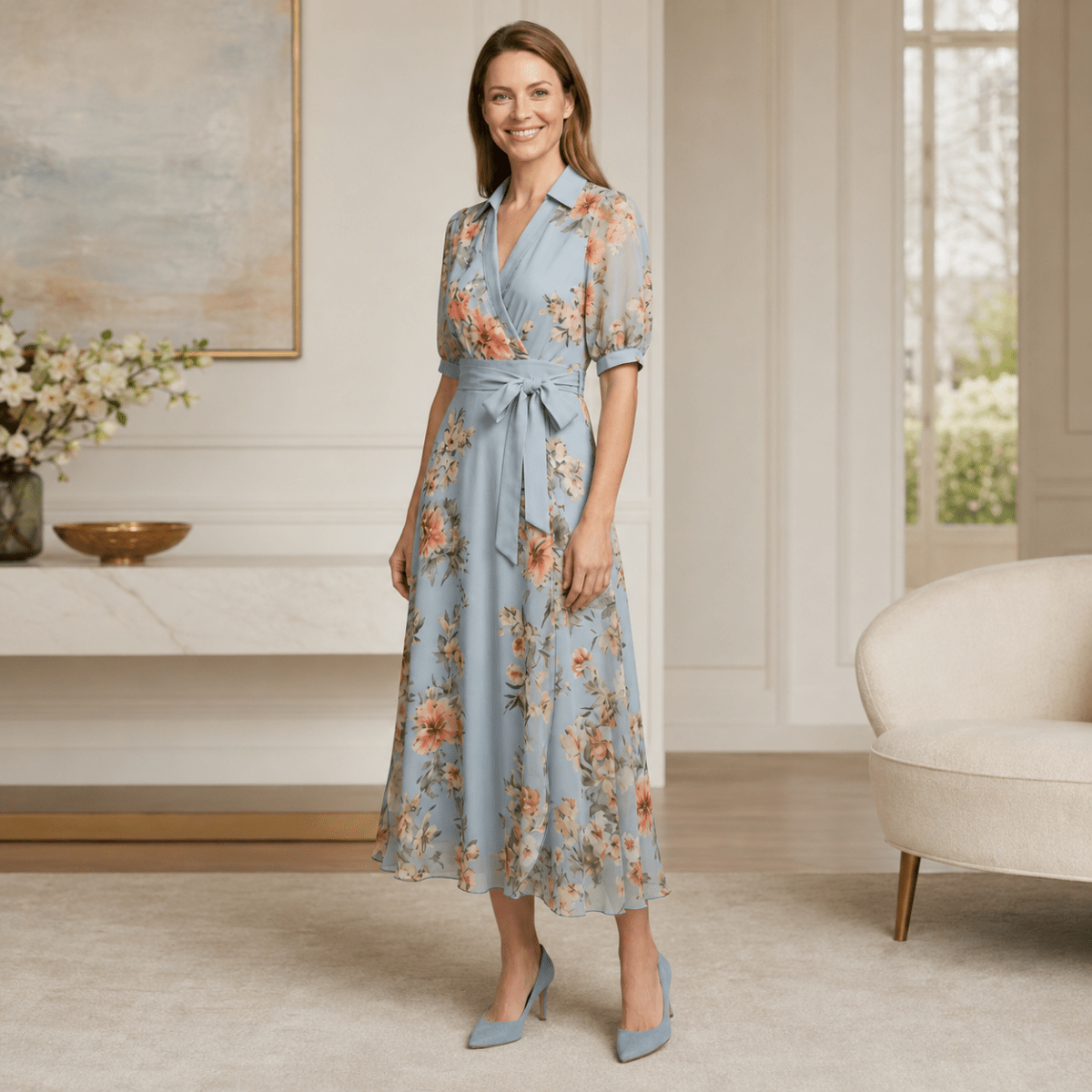 Florales V-Ausschnitt Wickel-Maxikleid