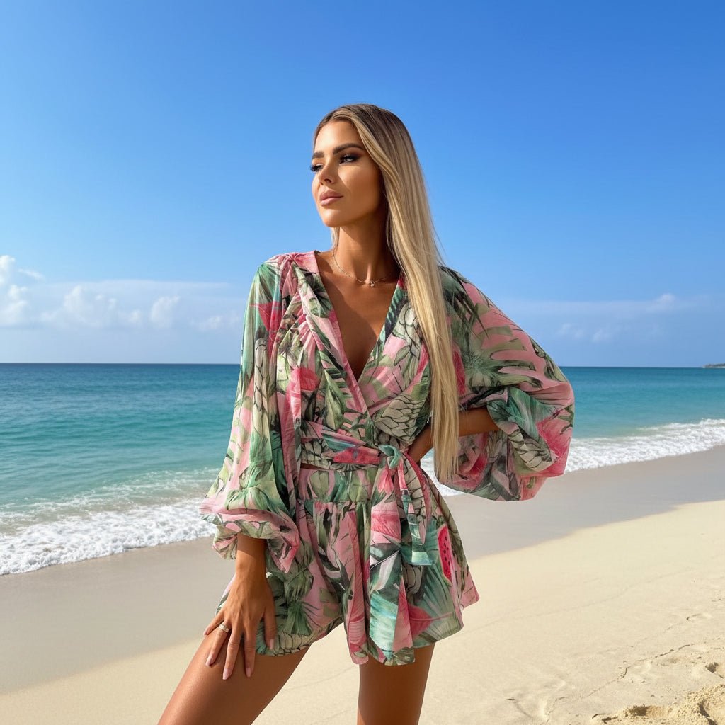 Wrap Front Two-Piece Short Set with Balloon Sleeves