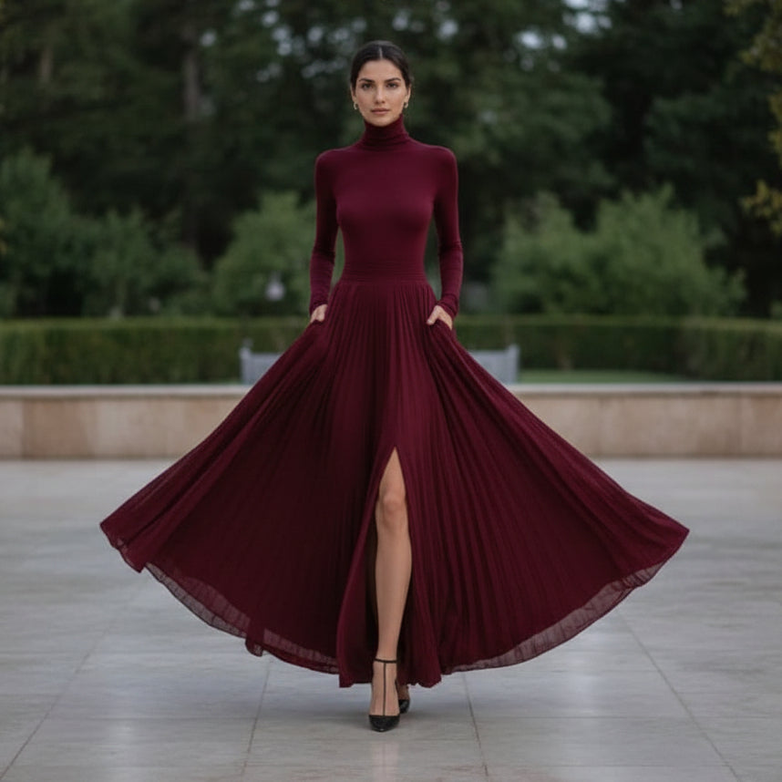 Pleated Turtleneck Maxi Dress
