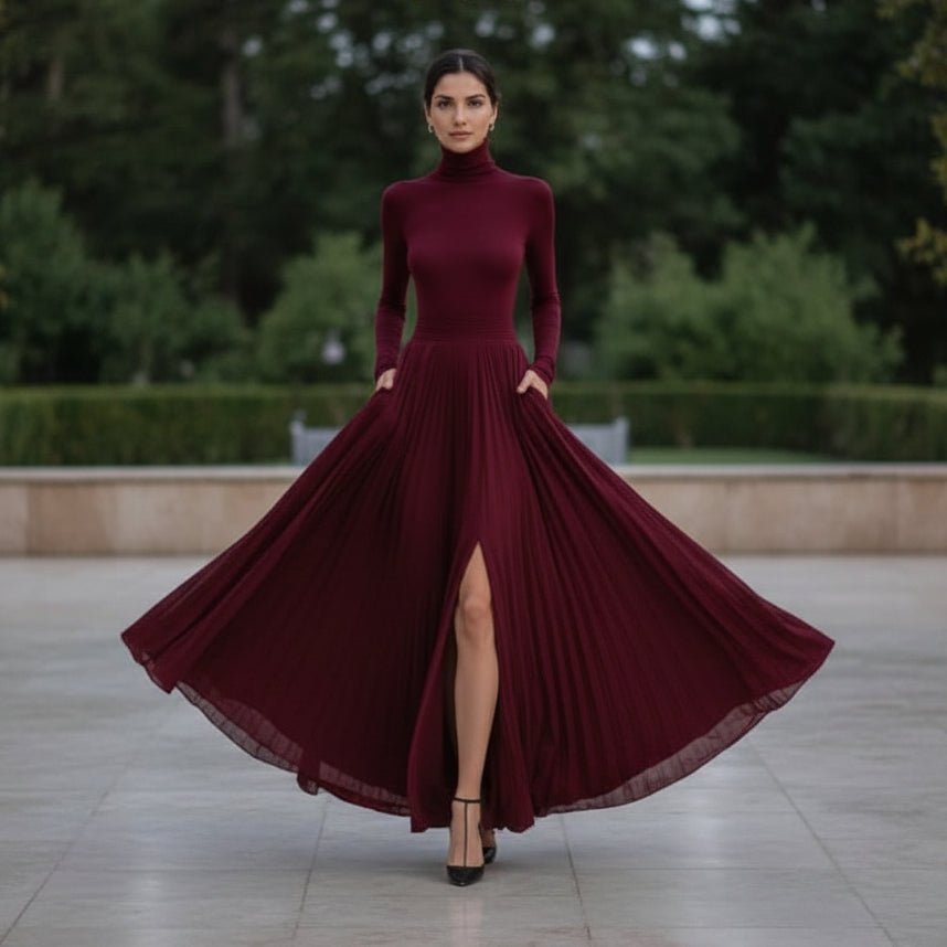 Pleated Turtleneck Maxi Dress