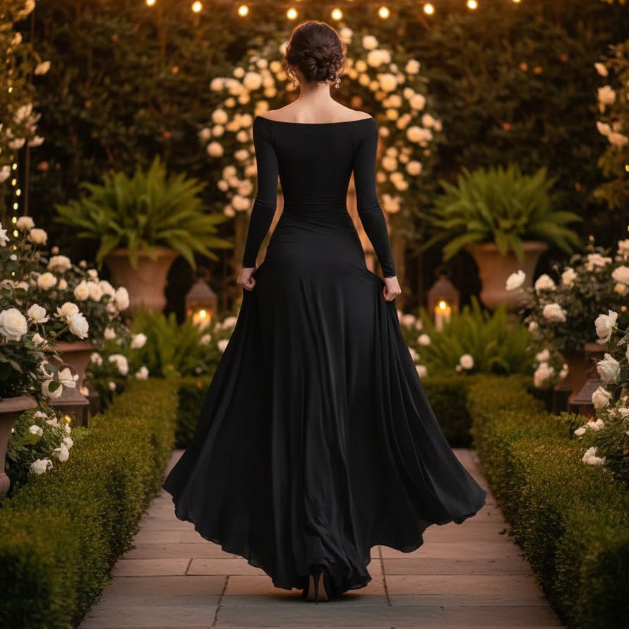 Black Draped Maxi Dress With Long Sleeves