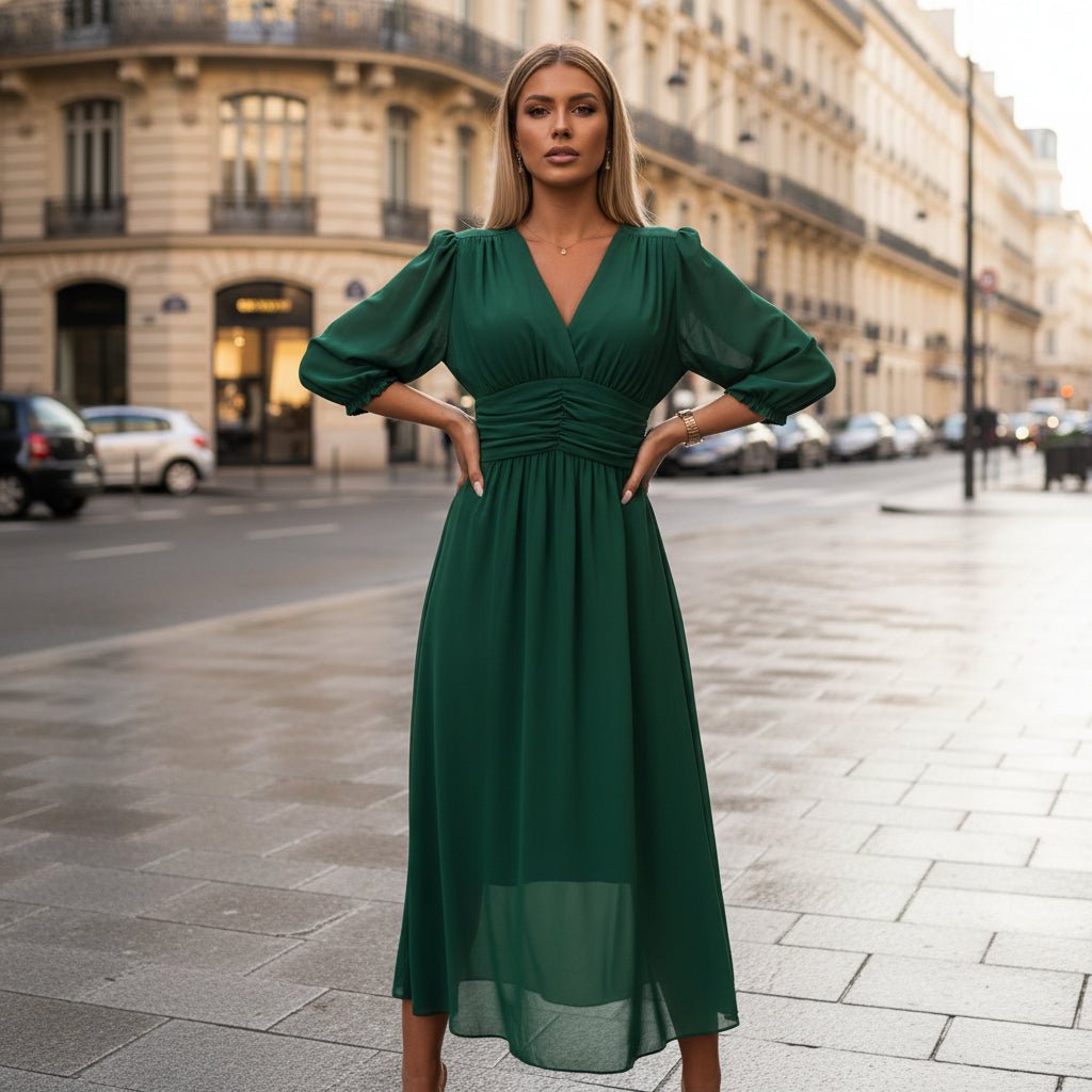 V-Neck A-Line Midi Dress