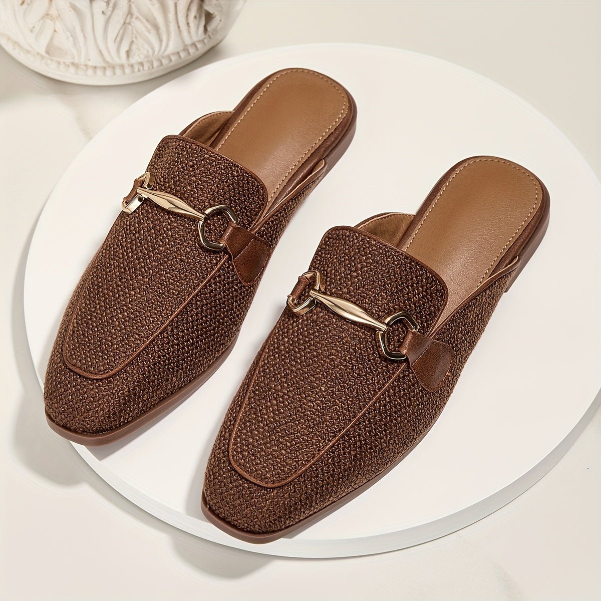Square Toe Buckle Mule Flats