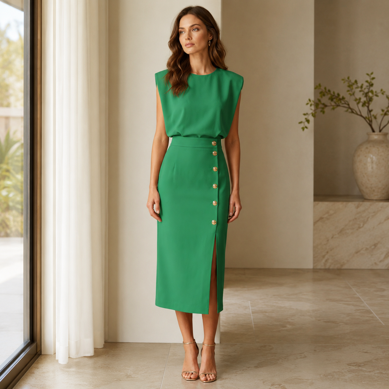 Button Slit Sleeveless Midi Dress