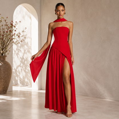 Strapless Asymmetric Split Maxi Dress