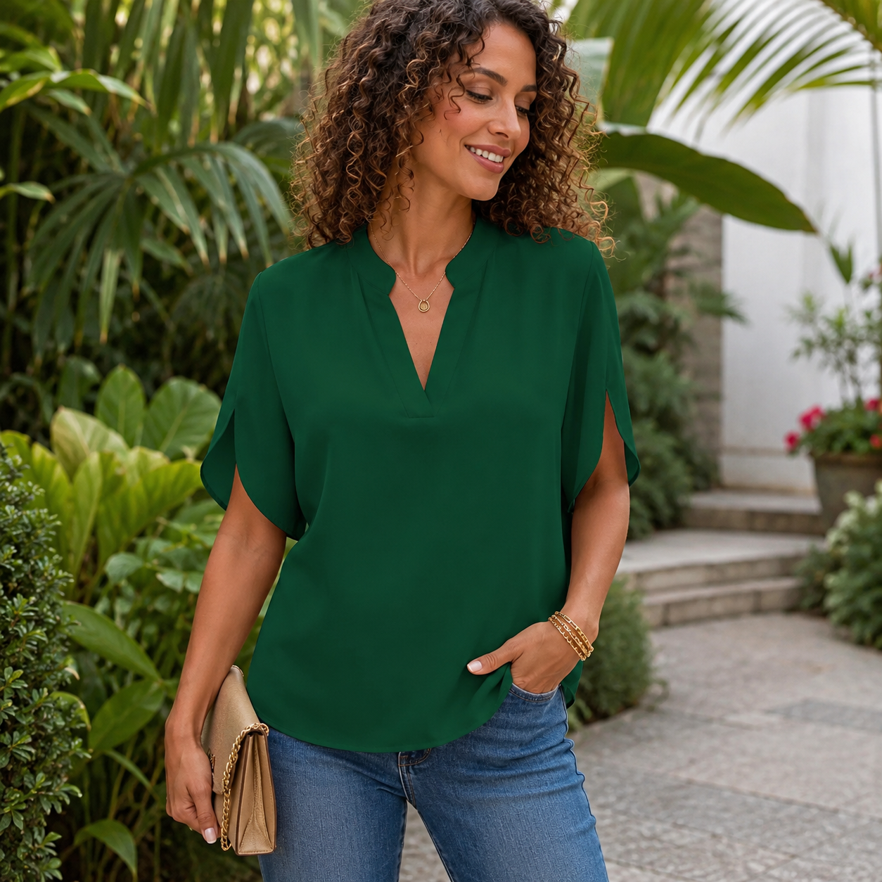 Flowy V-Neck Short Sleeve Blouse