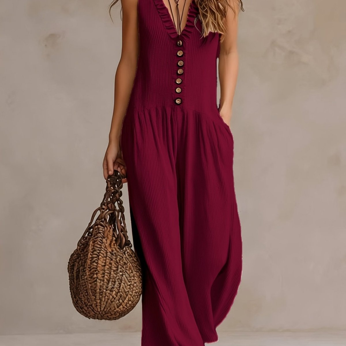 Ruched V Neck Wide Leg Jumpsuit