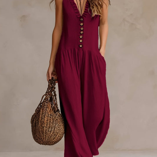 Ruched V Neck Wide Leg Jumpsuit