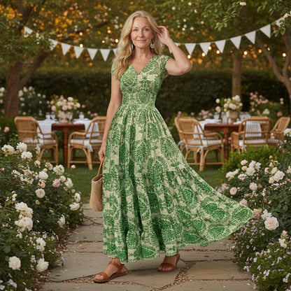 Fließendes Maxikleid mit V-Ausschnitt und tailliertem Bund