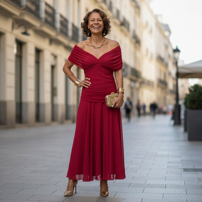 Fließendes Midi-Kleid mit schulterfreiem Ausschnitt