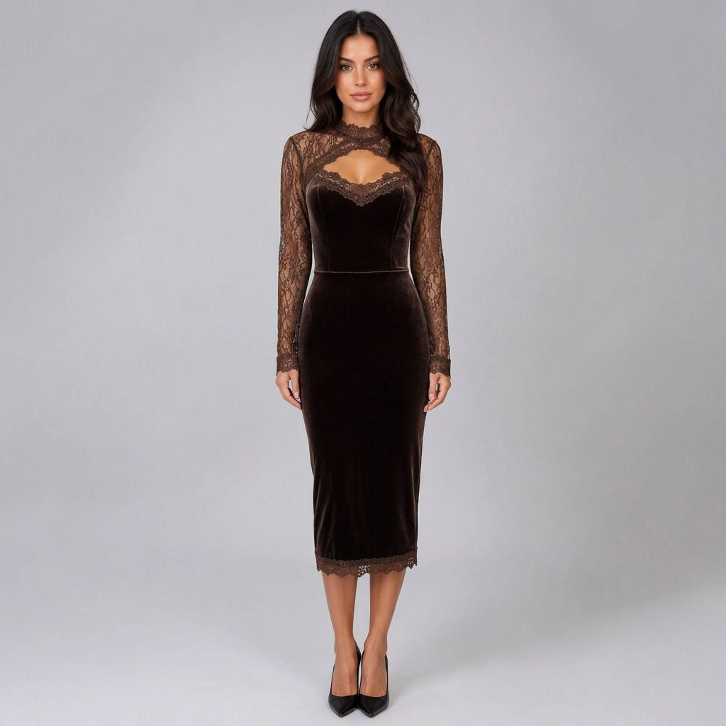 Quinn | Damen-Abendkleid aus Samt und Spitze in Midilänge