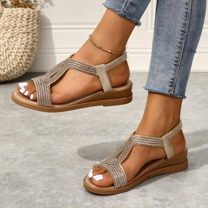 Rhinestone T Strap Wedge Sandals